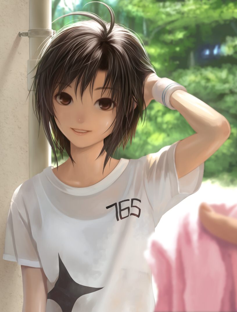 1girl black_hair blurry brown_eyes depth_of_field hand_in_hair idolmaster kikuchi_makoto looking_at_viewer nekopuchi see-through short_hair smile solo tank_top wristband