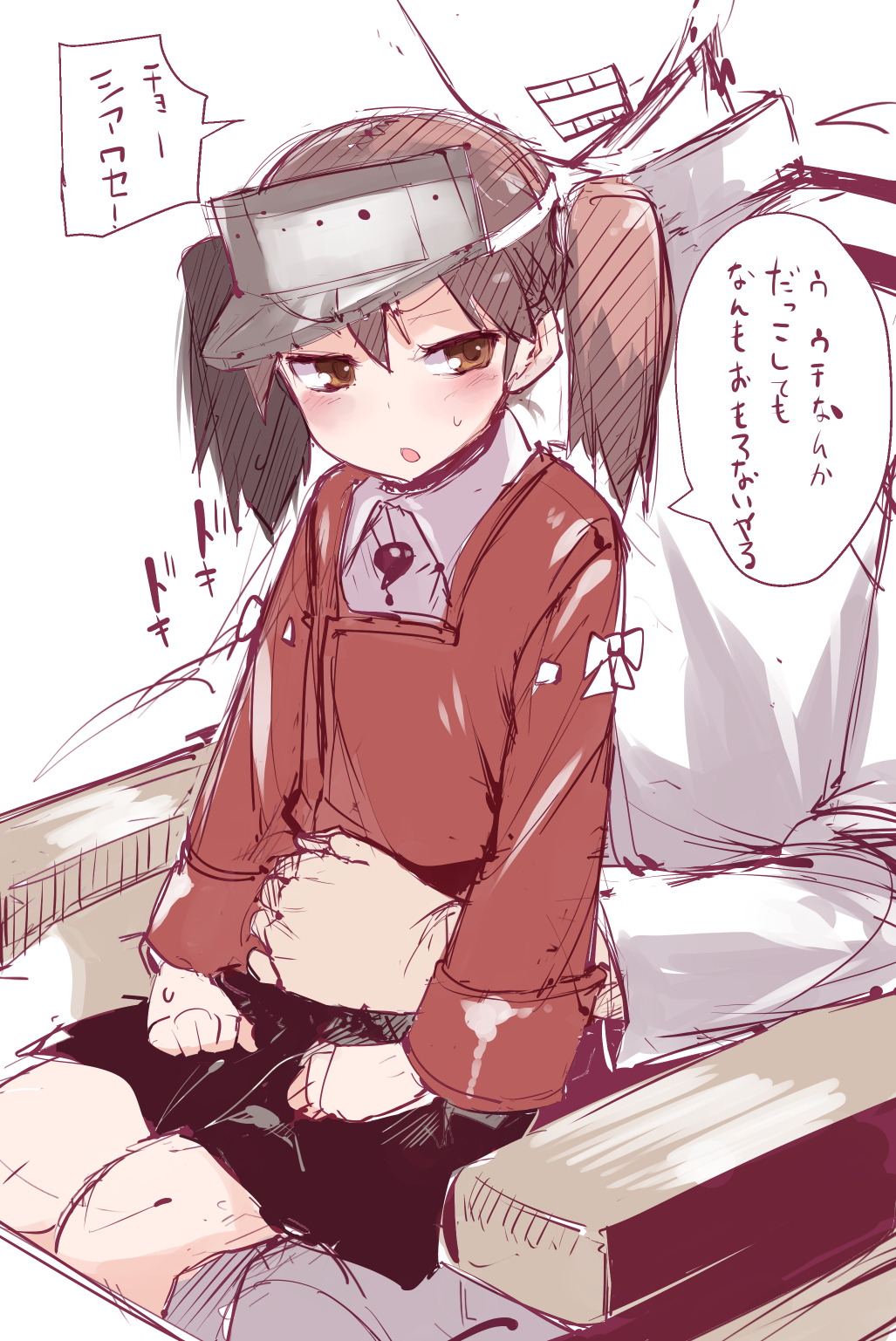 admiral_(kantai_collection) blush highres kantai_collection karochii_(mochiya) ryuujou_(kantai_collection) sitting sitting_on_lap sitting_on_person sketch skirt surprised sweatdrop translation_request twintails visor_cap waist_hold