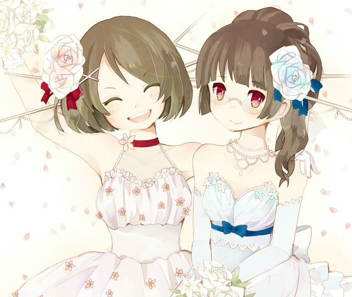 2girls alternate_hairstyle bare_shoulders black_hair brown_hair bucket choker choukai_(kantai_collection) dress flower glasses gloves hair_ornament jewelry kantai_collection long_hair maya_(kantai_collection) multiple_girls necklace open_mouth personification ponytail red_eyes short_hair smile wedding_dress