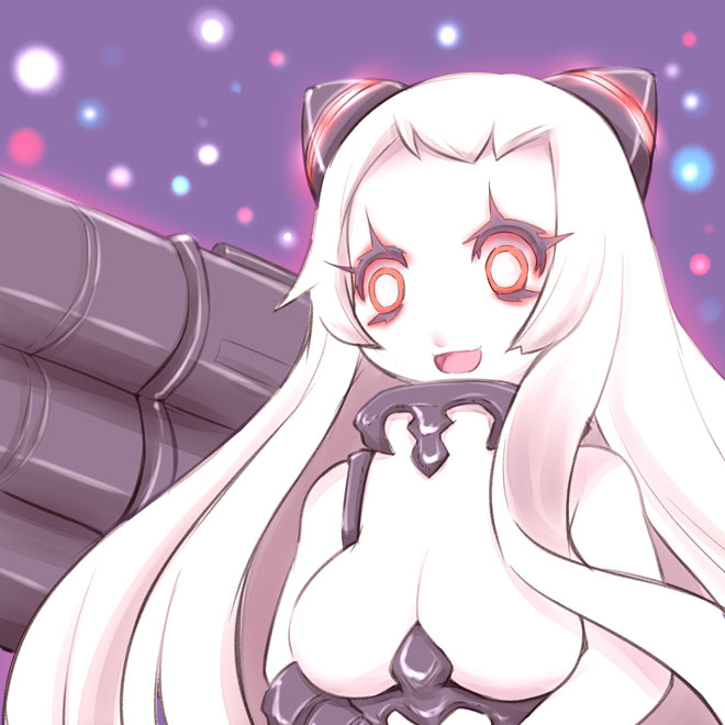 1girl airfield_hime glowing glowing_eyes hair_ornament horn kantai_collection long_hair open_mouth pale_skin red_eyes shinkaisei-kan silver_hair solo suizennji very_long_hair