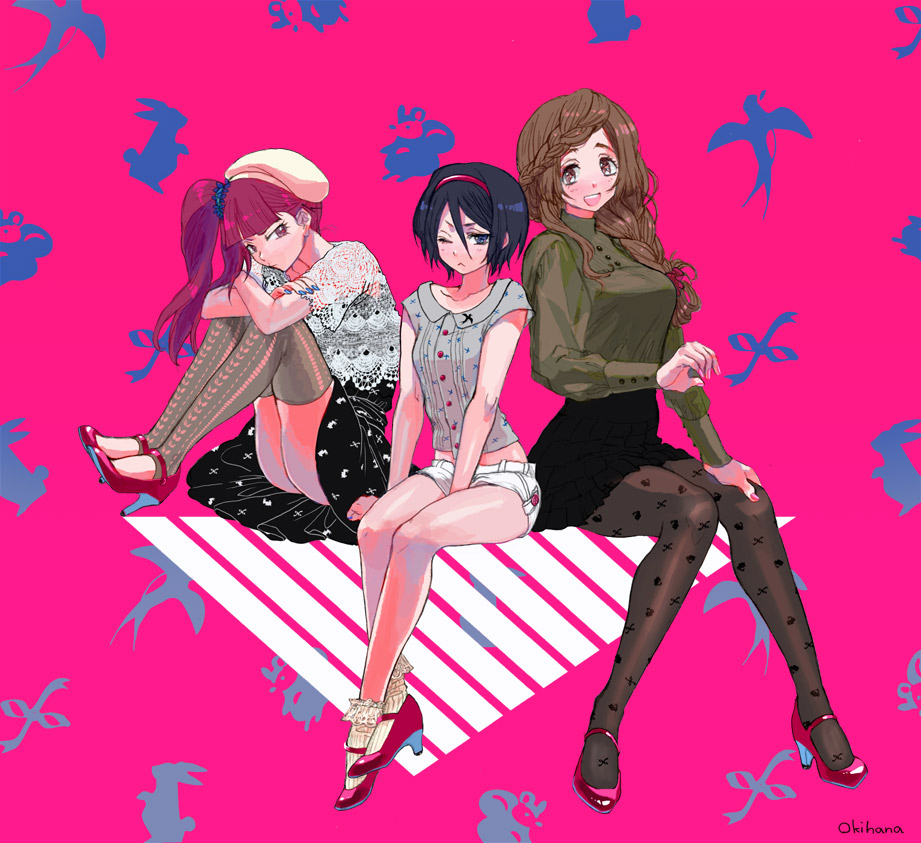 3girls :d ;&lt; alternate_hairstyle artist_name bare_legs black_hair black_skirt bleach blue_nails braid brown_hair collarbone dokugamine_riruka fashion female female_only full_body hairband hand_between_legs hand_on_own_leg hat high_heels inoue_orihime kuchiki_rukia legs long_hair long_sleeves looking_at_viewer multiple_girls nail_polish okihana one_eye_closed open_mouth pantyhose shoes short_hair short_shorts short_sleeves shorts side_ponytail sitting skirt smile thigh-highs white_shorts