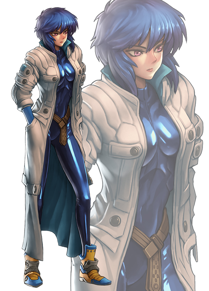 1girl blue_hair bodysuit ghost_in_the_shell ghost_in_the_shell_arise hand_in_pocket ikegami_noroshi kusanagi_motoko looking_away revision short_hair simple_background solo trench_coat white_background zoom_layer
