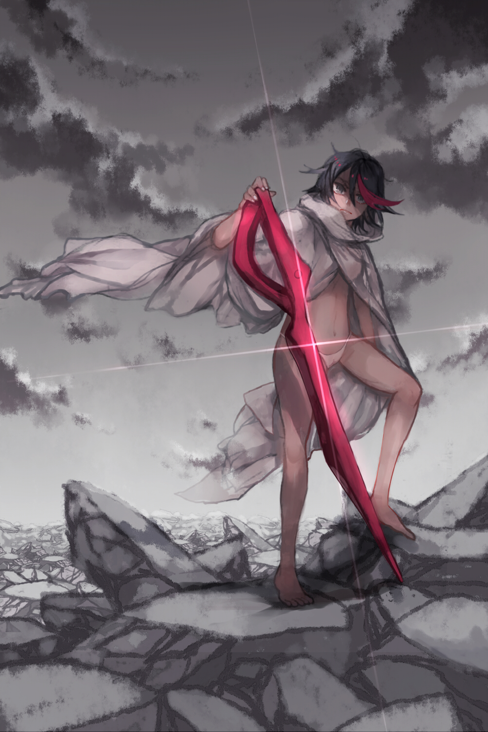 1girl alternate_costume black_hair blue_eyes cloak clouds cloudy_sky destruction hatutaro highlights highres kill_la_kill matoi_ryuuko multicolored_hair navel panties planted_weapon redhead scissor_blade sky solo underwear weapon