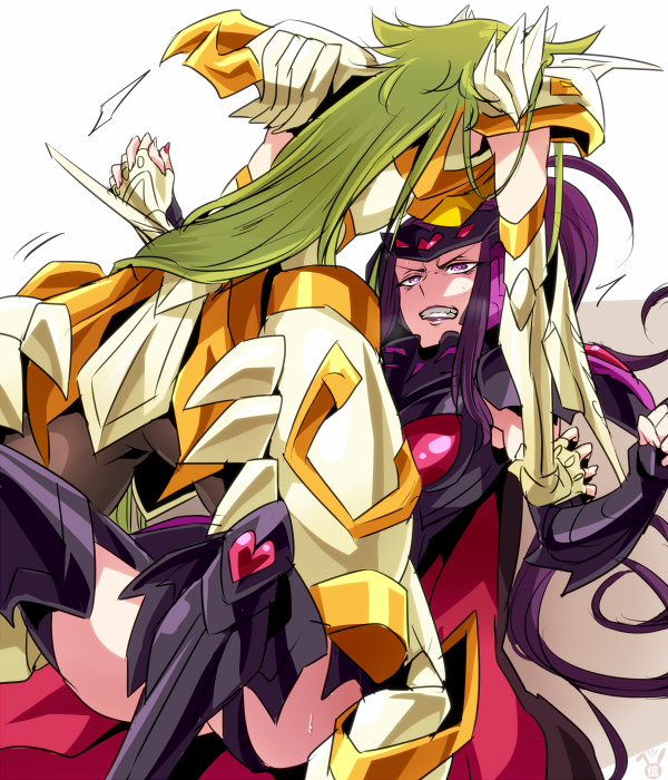 2girls arai_nobu armor gallia_(saint_seiya_omega) gemini_paradox girl_on_top green_hair holding_hands long_hair multiple_girls purple_hair saint_seiya saint_seiya_omega violet_eyes