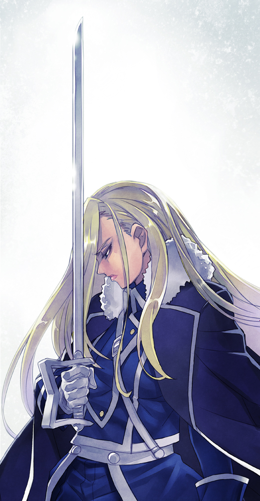 1girl blonde_hair coat coat_on_shoulders fullmetal_alchemist fur_trim gloves lips long_hair long_sleeves matsuryuu military military_uniform olivier_mira_armstrong solo uniform