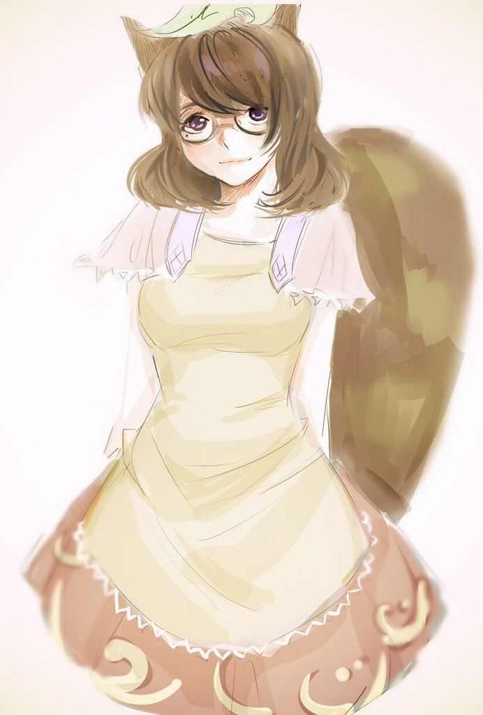 anegasaki_nene animal_ears brown_hair crossover dress futatsuiwa_mamizou glasses leaf leaf_on_head love_plus mole raccoon_ears raccoon_tail short_hair tail tanuki touhou violet_eyes womu