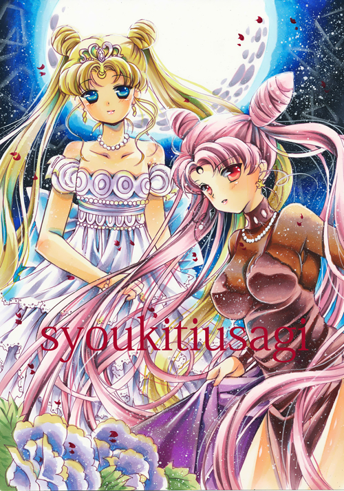 2girls artist_name bare_shoulders bishoujo_senshi_sailor_moon black_lady blonde_hair blue_eyes chibi_usa clothes_grab double_bun dress earrings flower full_moon gem jewelry long_hair looking_at_viewer marker_(medium) moon multiple_girls necklace neo_queen_serenity older parted_lips pearl_necklace petals pink_hair rose_petals shoukichi_usagi side_slit text tiara traditional_media tsukino_usagi twintails very_long_hair white_dress