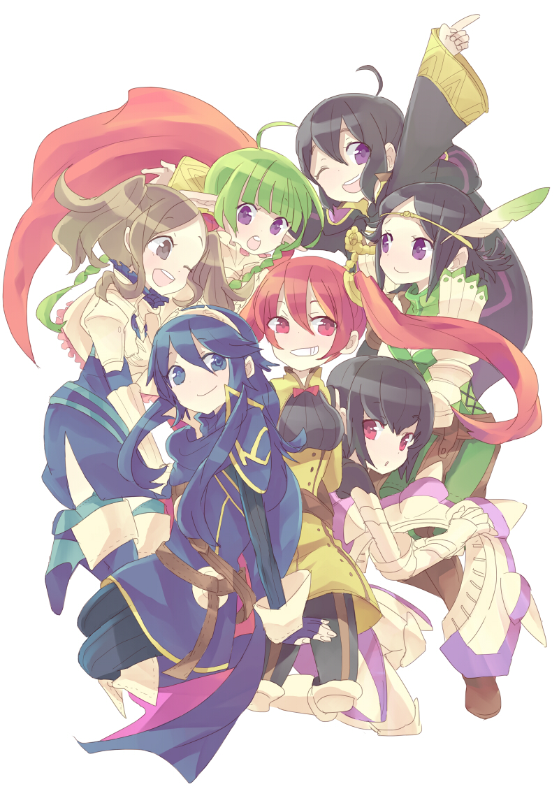 6+girls armor black_hair blue_eyes blue_hair braid brown_eyes brown_hair cape cynthia_(fire_emblem) degel feathers fire_emblem fire_emblem:_kakusei green_hair grin hooded_jacket lucina mark_(fire_emblem) multiple_girls nn_(fire_emblem) noire_(fire_emblem) pointy_ears red_eyes redhead satori selena_(fire_emblem) smile twin_braids twintails violet_eyes wink