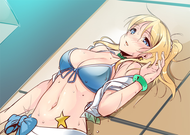 1girl ajishio ayase_eli blonde_hair blue_eyes blush breasts cleavage front-tie_top long_hair love_live!_school_idol_project lying midriff navel on_back open_mouth ponytail solo sweat