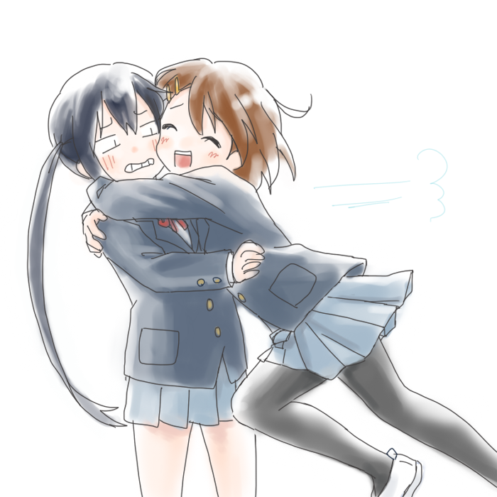 black_eyes black_hair brown_hair hirasawa_yui hug k-on! long_hair nakano_azusa ronti school_uniform smile