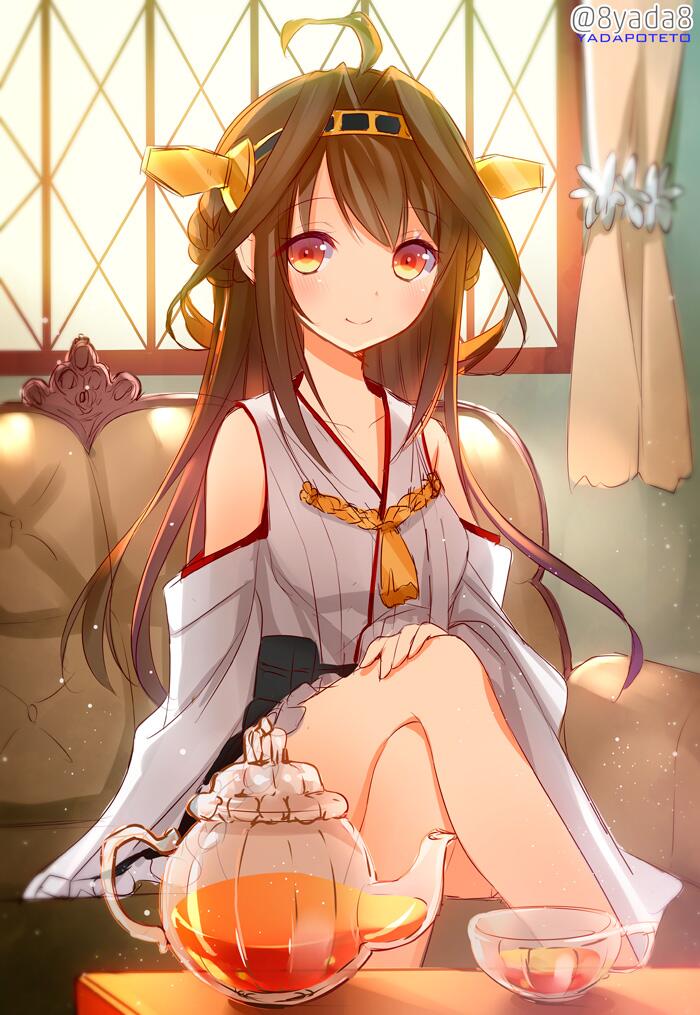 1girl blush brown_hair collarbone couch crossed_legs cup curtains glass hairband hand_on_lap kantai_collection kongou_(kantai_collection) looking_at_viewer nontraditional_miko shiny shiny_skin sitting smile tea tea_kettle tea_set teacup window yadapot yellow_eyes