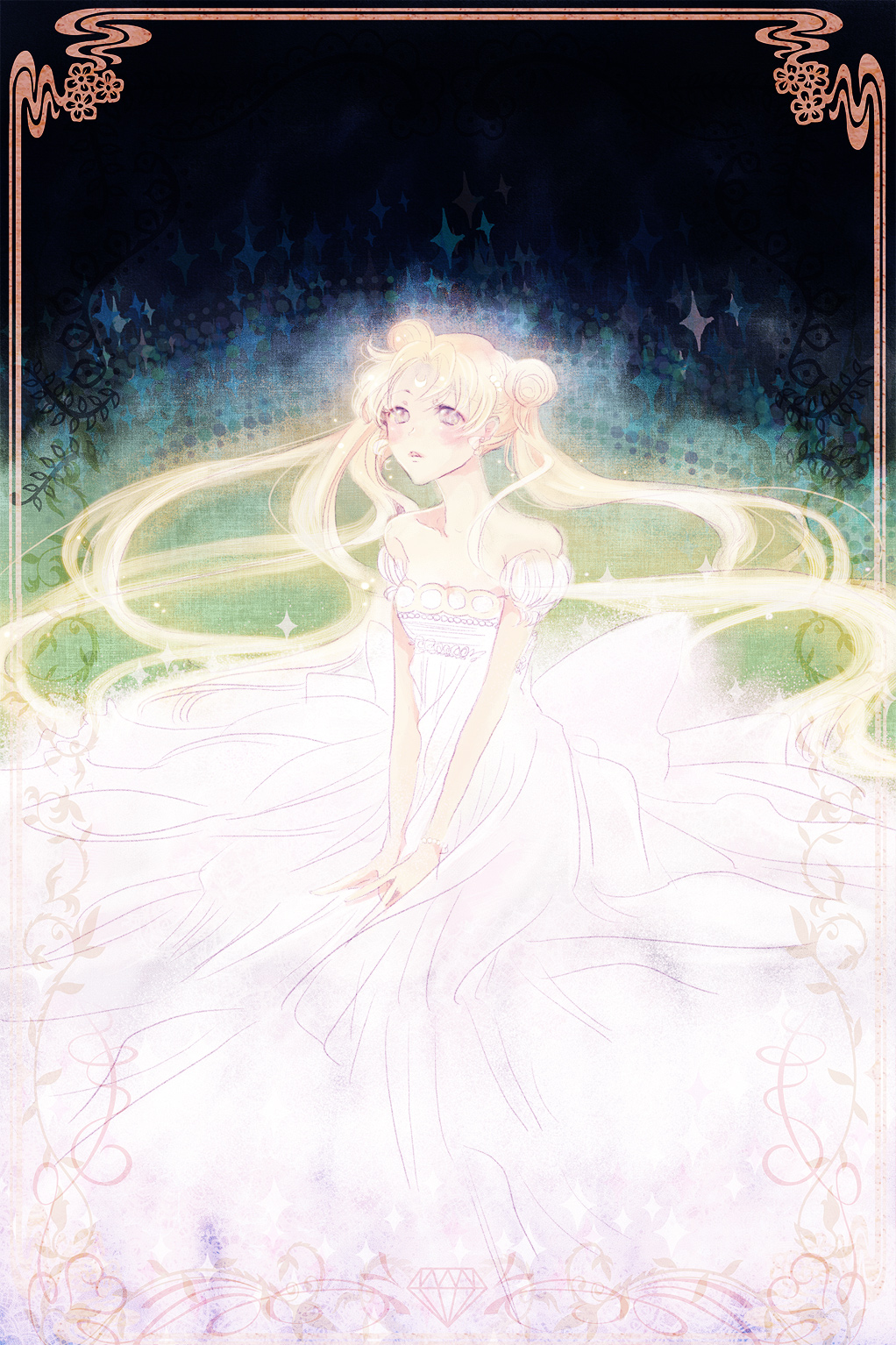 1girl bare_shoulders bishoujo_senshi_sailor_moon blonde_hair crystal diamond_(symbol) dolcexxx double_bun dress elaborate_frame facial_mark floating_hair forehead_mark frame highres long_hair pale_color parted_lips princess_serenity solo tsukino_usagi twintails very_long_hair white white_dress