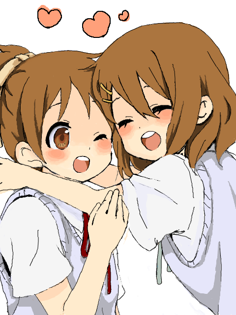 akakokko brown_eyes brown_hair heart hirasawa_ui hirasawa_yui hug k-on! ponytail siblings smile wince