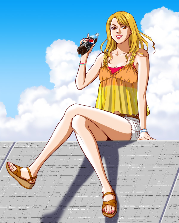 1girl arm_support bare_arms bare_legs blonde_hair bottle brown_eyes brown_footwear camisole clouds collarbone crossed_legs eyebrows female full_body holding holding_bottle karina_lyle long_hair nail_polish negu_(geneg) no_socks orange_eyes outdoors pepsi pink_nails sandals sitting sleeveless smile solo tiger_&amp;_bunny toenail_polish