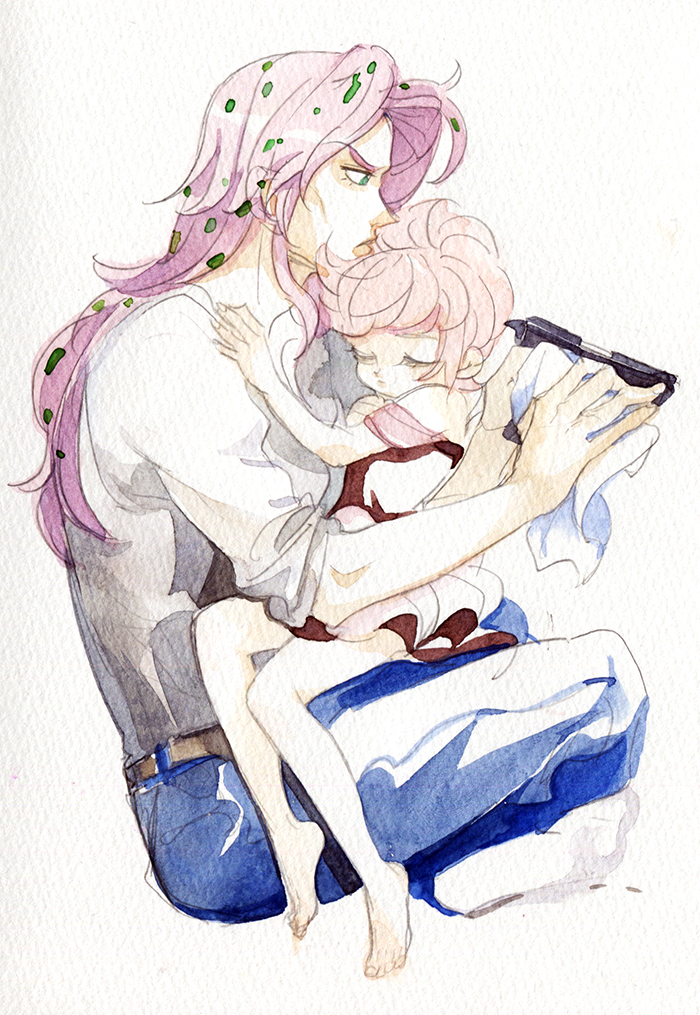 1boy 1girl child diavolo father_and_daughter jojo_no_kimyou_na_bouken long_hair pink_hair purple_hair rakuko traditional_media trish_una watercolor_(medium) younger