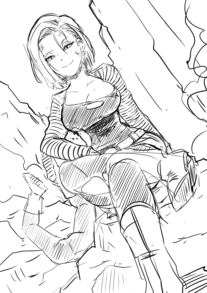 1girl android_18 bangs breasts bruise cleavage crossed_legs dragon_ball dragon_ball_z dutch_angle earrings eroquis hoop_earrings injury jewelry large_breasts pantyhose parted_bangs short_hair sitting smile solo_focus torn_clothes torn_pantyhose