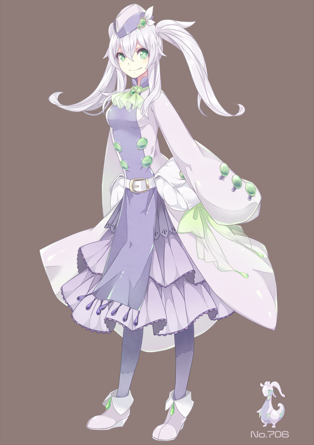 1girl cravat dress goodra green_eyes highres lavender_hair layered_dress merlusa pantyhose personification pokemon pokemon_(game) pokemon_xy solo twintails