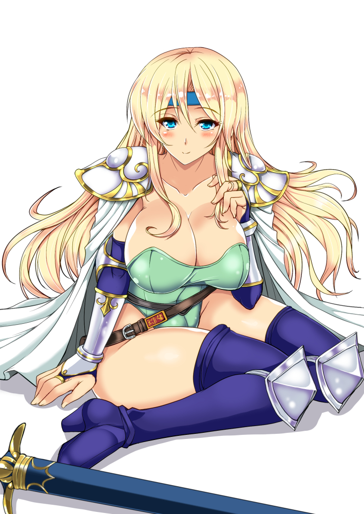 1girl belt blonde_hair blue_eyes blush boots breasts bridal_gauntlets cape celes_chere cleavage elbow_pads final_fantasy final_fantasy_vi headband huge_breasts knee_pads leotard long_hair playing_with_own_hair scabbard sheath shoulder_pads simple_background smile solo sword weapon yasakani_an