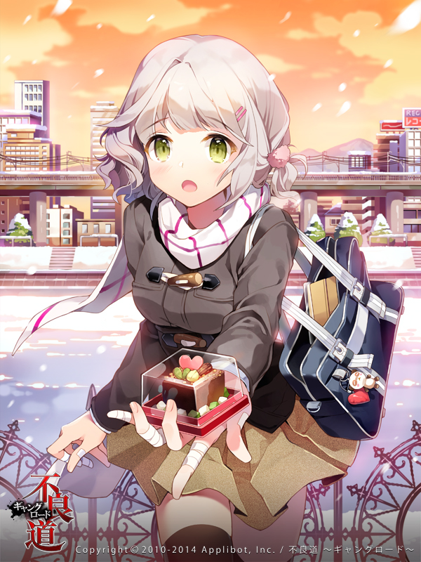 1girl :o bag bandages black_legwear blush cake cityscape clouds coat food gilse green_eyes hair_ornament hairclip holding open_mouth original power_lines scarf school_bag short_hair silver_hair skirt sky snow snowing solo sunset thigh-highs water zettai_ryouiki