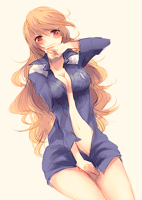 blonde_hair blush bottomless breasts brown_eyes cleavage ludger_will_kresnik ludger_will_kresnik_(cosplay) milla_maxwell open_clothes open_shirt ragi_(pluie) tales_of_(series) tales_of_xillia tales_of_xillia_2