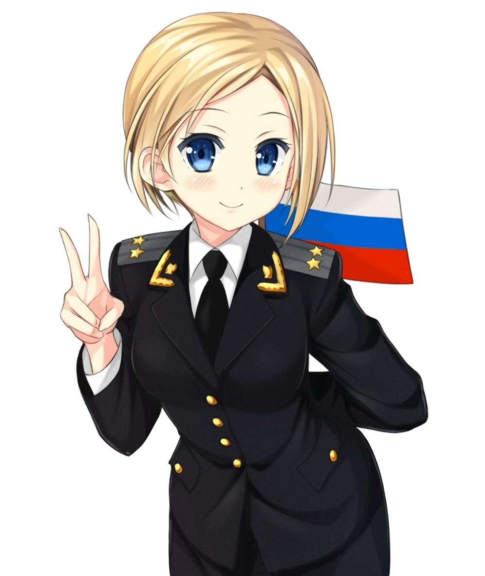 1girl arm_behind_head blonde_hair blush looking_at_viewer military military_uniform natalia_poklonskaya phanc real_life russia russian_flag short_hair simple_background smile solo uniform v white_background