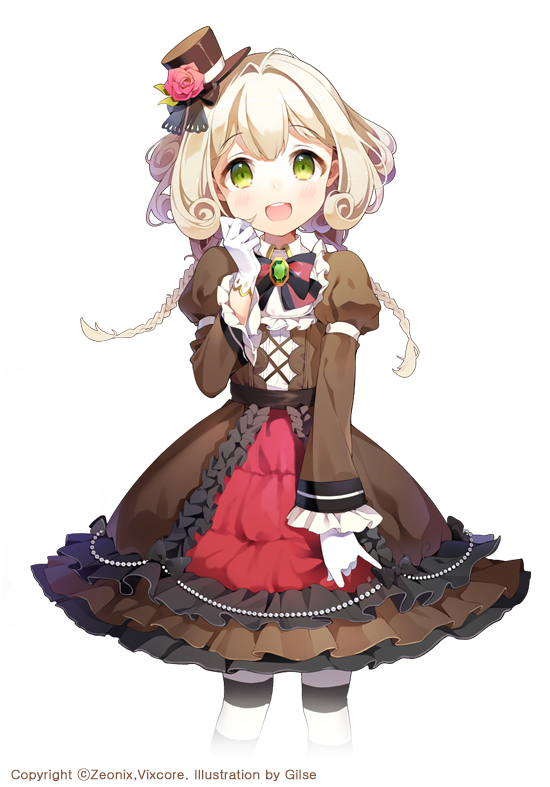 1girl blonde_hair blush braid dress flower gilse gloves green_eyes hat long_hair looking_at_viewer open_mouth simple_background solo striped striped_legwear thigh-highs twin_braids