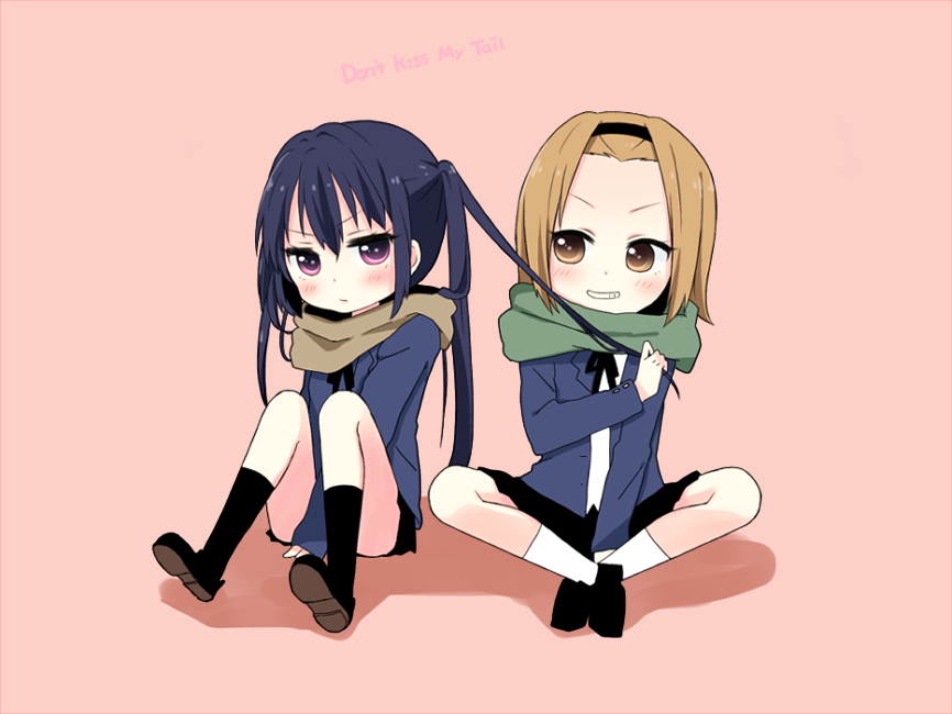 black_hair brown_eyes brown_hair grin hairband k-on! long_hair michael_(aya-tokachi) nakano_azusa scarf school_uniform sitting smile tainaka_ritsu twintails violet_eyes