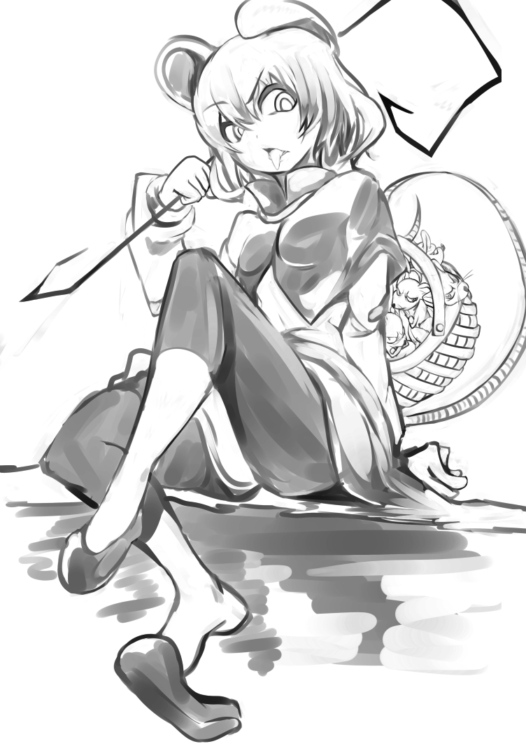 1girl animal_ears basket looking_at_viewer monochrome mouse mouse_ears mouse_tail nazrin short_hair shun_soku simple_background sitting solo tail touhou white_background