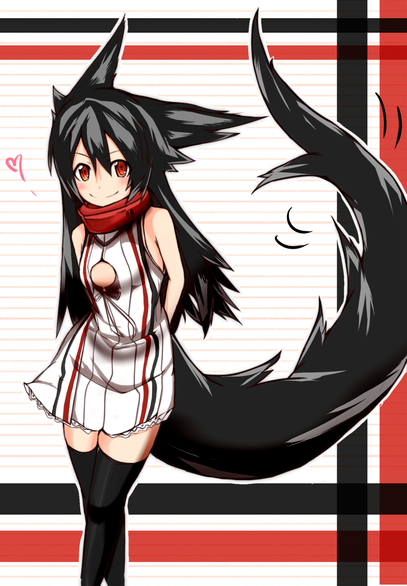 1girl arms_behind_back black_hair black_legwear borrowed_character heart long_hair long_tail looking_at_viewer original red_eyes shun_soku skirt smile solo tail tera-ko thigh-highs