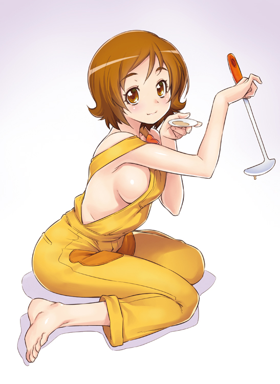 1girl barefoot breasts brown_eyes brown_hair naked_overalls overalls shadow short_hair sideboob sitting smile solo wariza