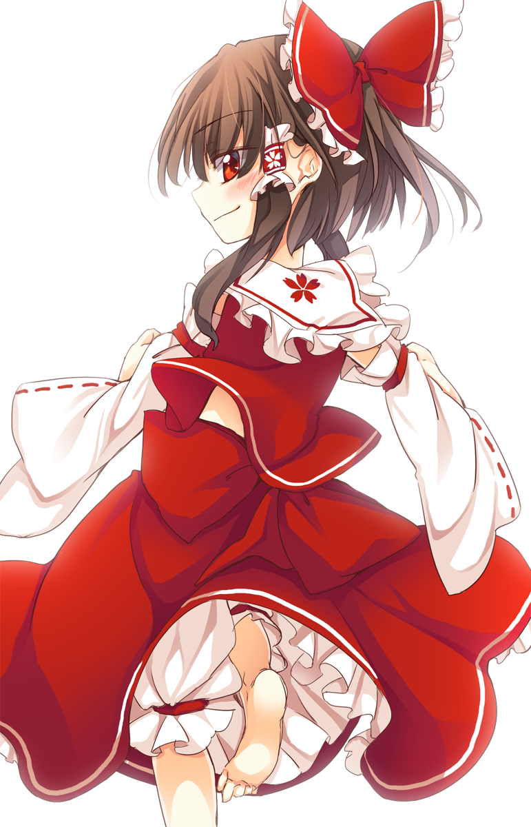 1girl bare_shoulders barefoot bloomers blush bow brown_hair detached_sleeves from_behind hair_bow hakurei_reimu highres ina_(inadahime) looking_back nontraditional_miko red_eyes solo touhou underwear white_background