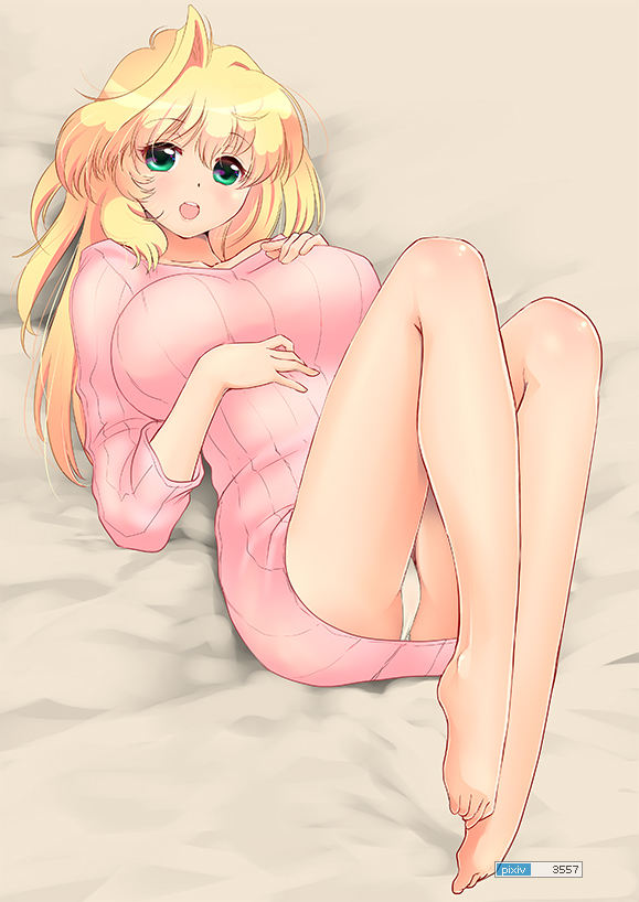 1girl :o barefoot blonde_hair breasts character_request green_eyes impossible_clothes impossible_shirt large_breasts long_hair looking_at_viewer lying on_back open_mouth panties solo underwear white_panties yagisaka_seto