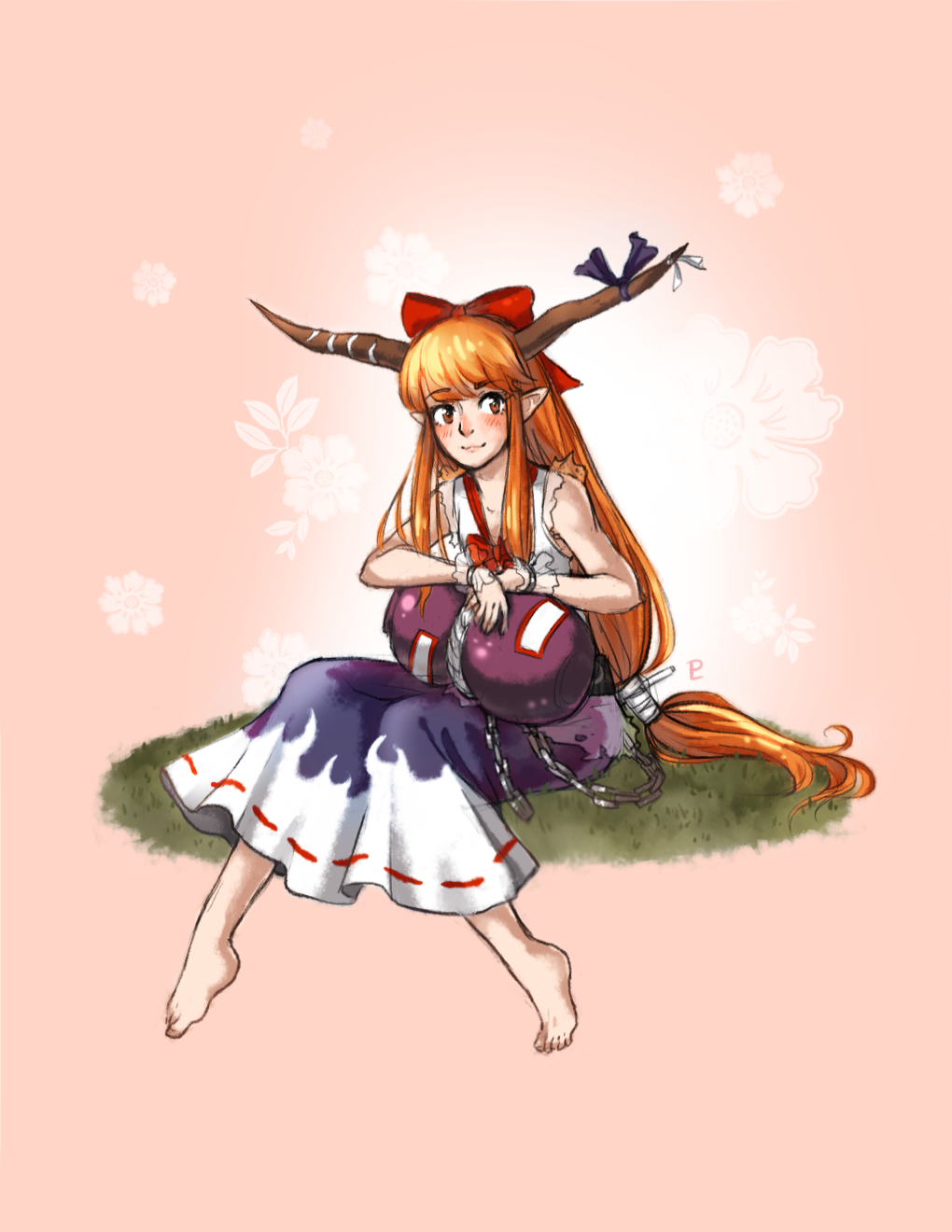 1girl bangs barefoot blush bow chain dress gourd grass hair_bow highres horn_bow horns ibuki_suika long_hair looking_at_viewer oni orange_eyes orange_hair paigeling payot pointy_ears ponytail shackles sitting smile solo touhou very_long_hair wrist_cuffs