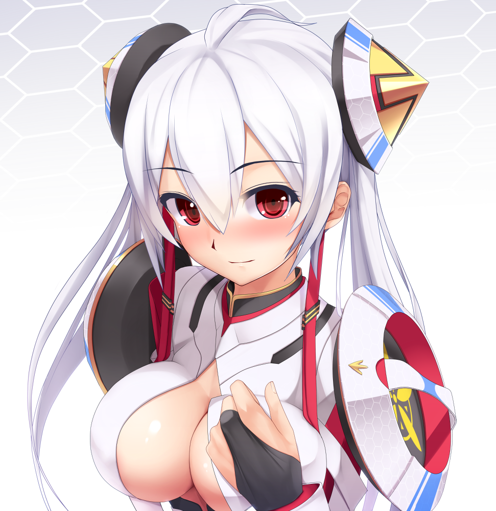 1girl breasts bridal_gauntlets cleavage eto face hex_grid large_breasts long_hair looking_at_viewer matoi_(pso2) phantasy_star phantasy_star_online_2 red_eyes smile solo twintails white_background white_hair