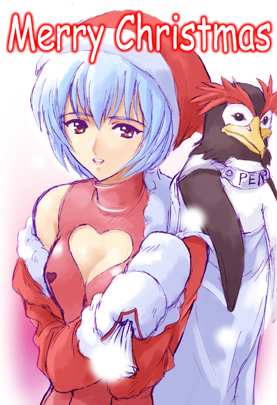 1girl ayanami_rei bird blue_hair breasts cleavage cleavage_cutout dress hat heart_cutout jacket merry_christmas mittens neon_genesis_evangelion off_shoulder penguin penpen red_dress red_eyes sack santa_hat short_hair sleeveless sleeveless_dress solo suzuno_kouya turtleneck