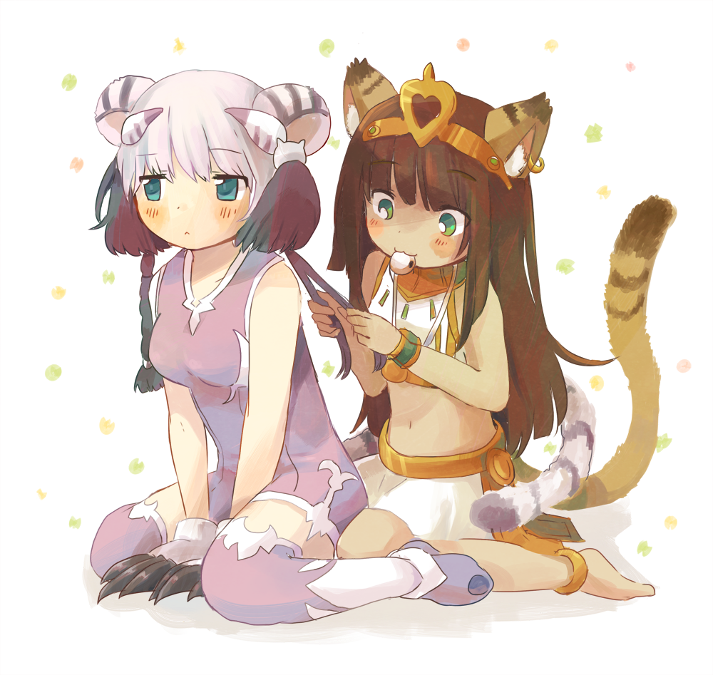 :3 animal_ears bastet_(p&amp;d) blush braiding_hair brown_hair cat_ears cat_hair_ornament cat_tail chinese_clothes claws dark_skin earrings eating egyptian_clothes food foomi green_eyes hair_ornament hairdressing haku_(p&amp;d) jewelry midriff mouth_hold navel paws puzzle_&amp;_dragons skirt tail thigh-highs tiger_tail white_hair zettai_ryouiki
