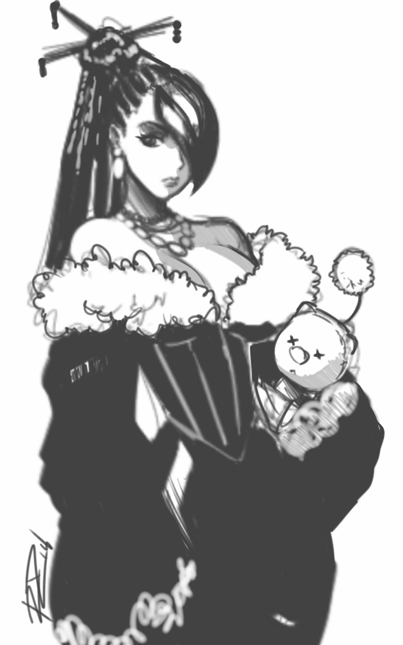 1girl bare_shoulders breasts cleavage doll final_fantasy final_fantasy_x hair_ornament hair_over_one_eye hair_stick hand_on_hip high_ponytail highres jewelry large_breasts long_hair lulu monochrome moogle necklace robert_porter sketch solo