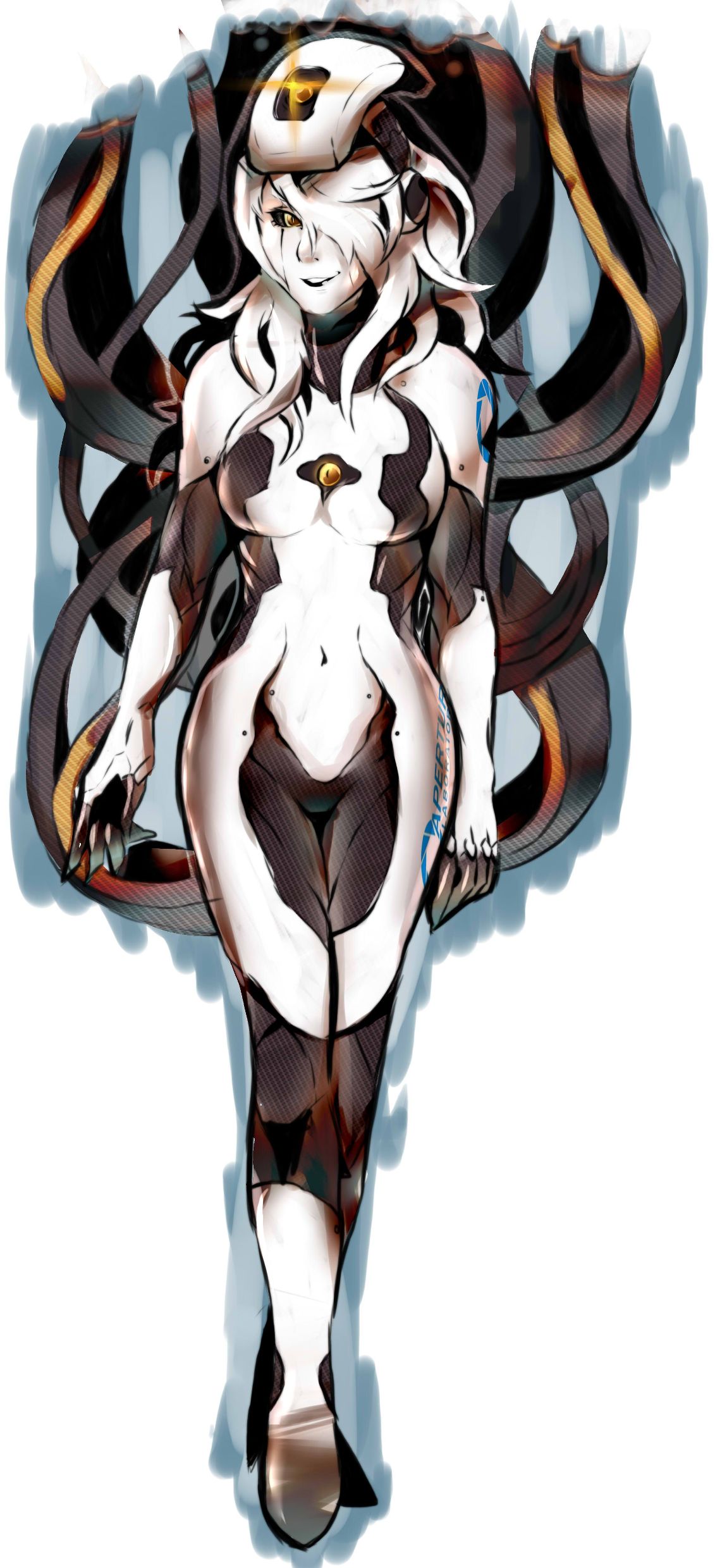 1girl absurdres glados hair_over_one_eye highres logo navel parted_lips personification portal puroburebu-dan slit_pupils smile solo standing white_hair yellow_eyes