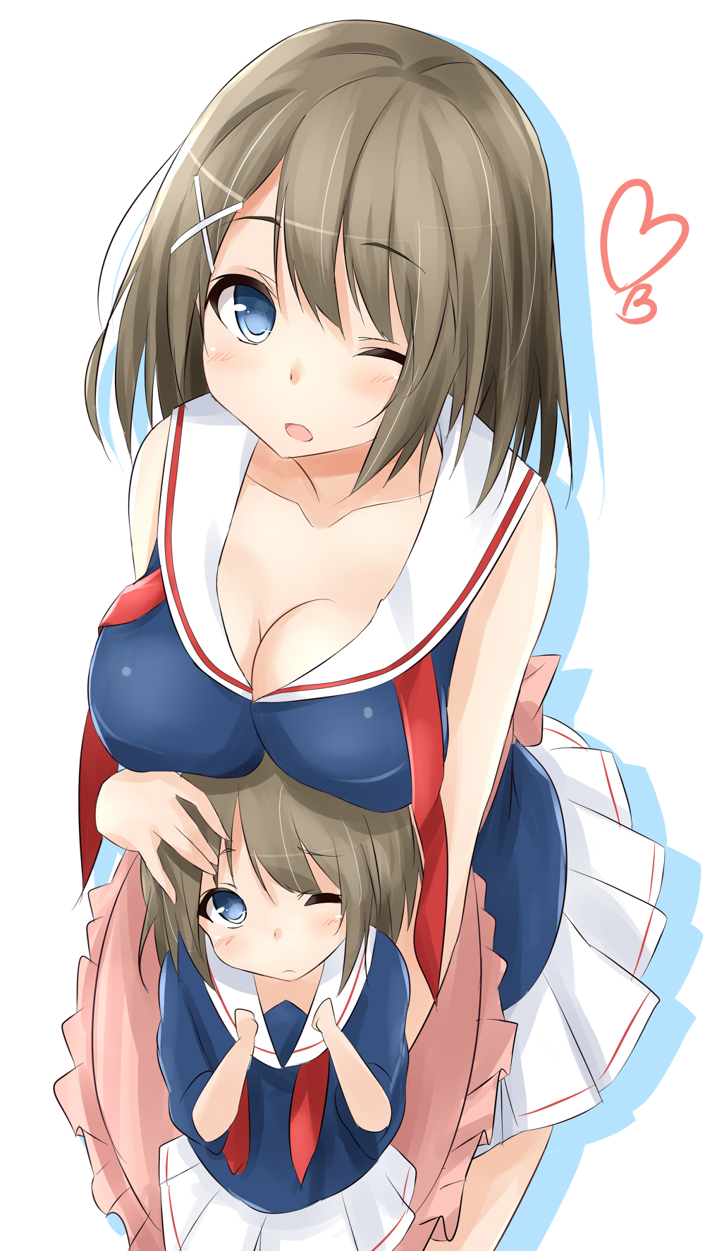 2girls blue_eyes breast_rest breasts brown_hair cleavage commentary_request hair_ornament hairclip heart highres if_they_mated kantai_collection leaning_forward looking_at_viewer maya_(kantai_collection) mother_and_daughter multiple_girls neckerchief open_mouth saku_(kudrove) short_hair skirt wink