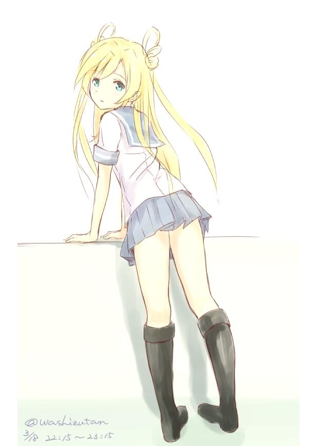 1girl arm_support blonde_hair boots dated from_behind long_hair looking_at_viewer looking_back pleated_skirt school_uniform signature skirt solo twintails wa_(genryusui)
