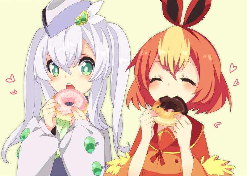 blonde_hair closed_eyes doughnut eating flareon goodra green_eyes hat lavender_hair merlusa multicolored_hair orange_hair personification pokemon star star-shaped_pupils symbol-shaped_pupils twintails two-tone_hair