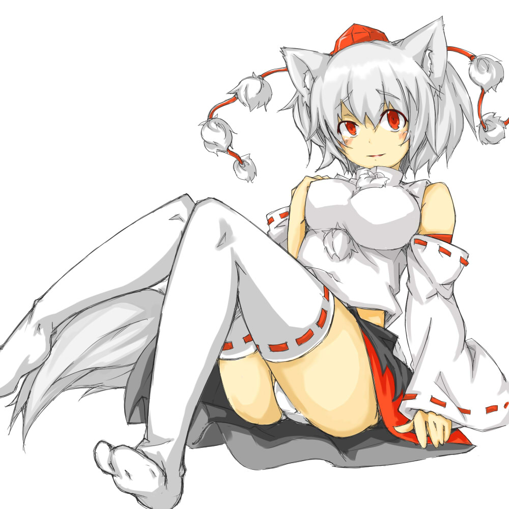 1girl animal_ears ayyh bare_shoulders blush breasts detached_sleeves hand_on_own_chest hat inubashiri_momiji large_breasts looking_at_viewer panties pantyshot pom_pom_(clothes) red_eyes short_hair silver_hair simple_background sitting skirt tail tokin_hat touhou underwear white_background white_legwear white_panties wolf_ears wolf_tail