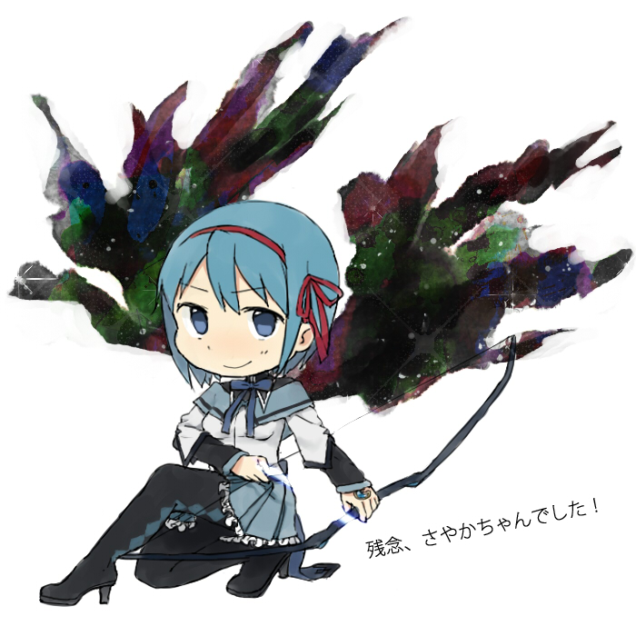 1girl blue_hair boots bow chibi hair_ribbon light_smile long_sleeves looking_at_viewer mahou_shoujo_madoka_magica miki_sayaka pantyhose pleated_skirt ribbon skirt solo spoilers text too_bad!_it_was_just_me! tsuzuya_(knt31) white_background wings