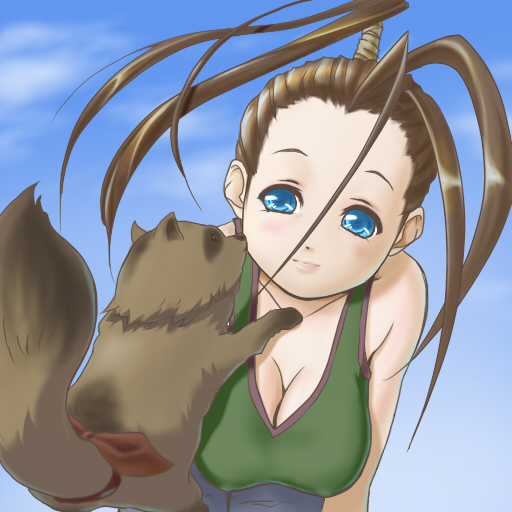 1girl antenna_hair black_hair blue_eyes blush breasts casual cleavage don_(street_fighter) down_blouse hikawa2 ibuki large_breasts lips long_hair ninja ponytail smile street_fighter tank_top tanuki