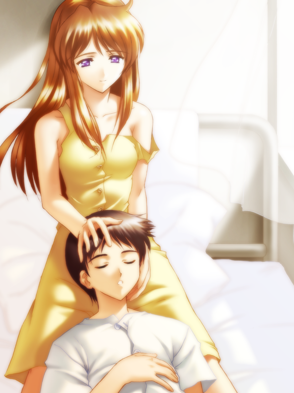 1boy 1girl brown_hair dress ikari_shinji lap_pillow neon_genesis_evangelion off_shoulder sleeping smile souryuu_asuka_langley strap_slip suzuno_kouya violet_eyes yellow_dress