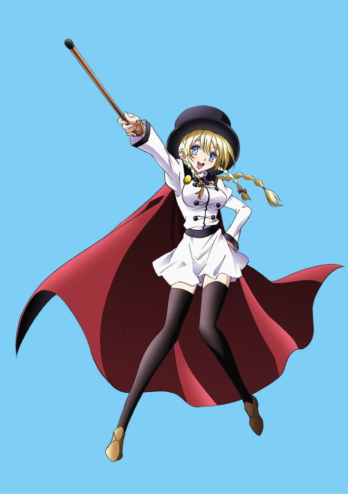 1girl blonde_hair blue_eyes braid cane cape hat kenzen_robo_daimidaler official_art rikantsu_seabury simple_background skirt solo thigh-highs top_hat