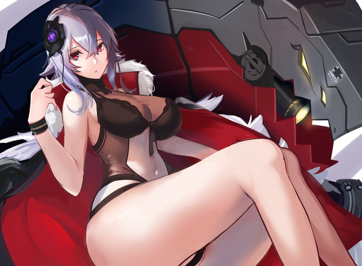 1girl azur_lane bangs bracelet breasts cleavage commentary eyebrows_visible_through_hair fur_trim graf_zeppelin_(azur_lane) hair_between_eyes hair_ornament jacket_on_shoulders jewelry lace large_breasts lingerie looking_at_viewer lying navel navel_cutout on_back one-piece_swimsuit red_eyes revealing_clothes see-through silver_hair sleeveless solo swimsuit underwear zukanosuke