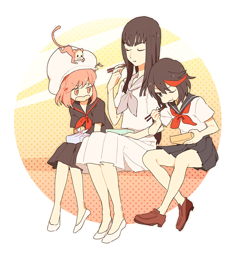 3girls black_hair eating flats hat jakuzure_nonon kill_la_kill kiryuuin_satsuki loafers long_hair matoi_ryuuko monkey multicolored_hair multiple_girls obentou pink_hair school_uniform serafuku shoes short_hair skirt streaked_hair zipon