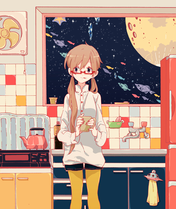 1girl air_conditioner bottle brown_hair bubble crater cup cupboard faucet fish glasses kitchen kurokeisin long_hair long_sleeves looking_away moon mug original pantyhose refrigerator shorts sink sky solo space standing star_(sky) starry_sky stove tea_kettle tile_wall tiles tongue tongue_out twintails ufo yellow_legwear