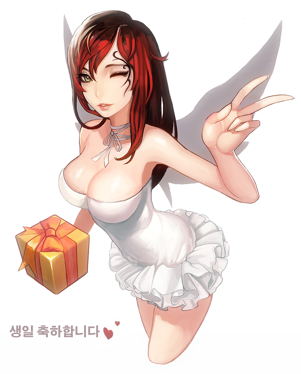 1girl bangs bare_shoulders breasts choker cleavage dress facial_mark fingernails from_above frostce gift green_eyes hair_between_eyes happy_birthday heart highres korean large_breasts lips long_fingernails long_hair parted_lips redhead ribbon_choker short_dress simple_background solo swept_bangs v white_background white_dress wings wink